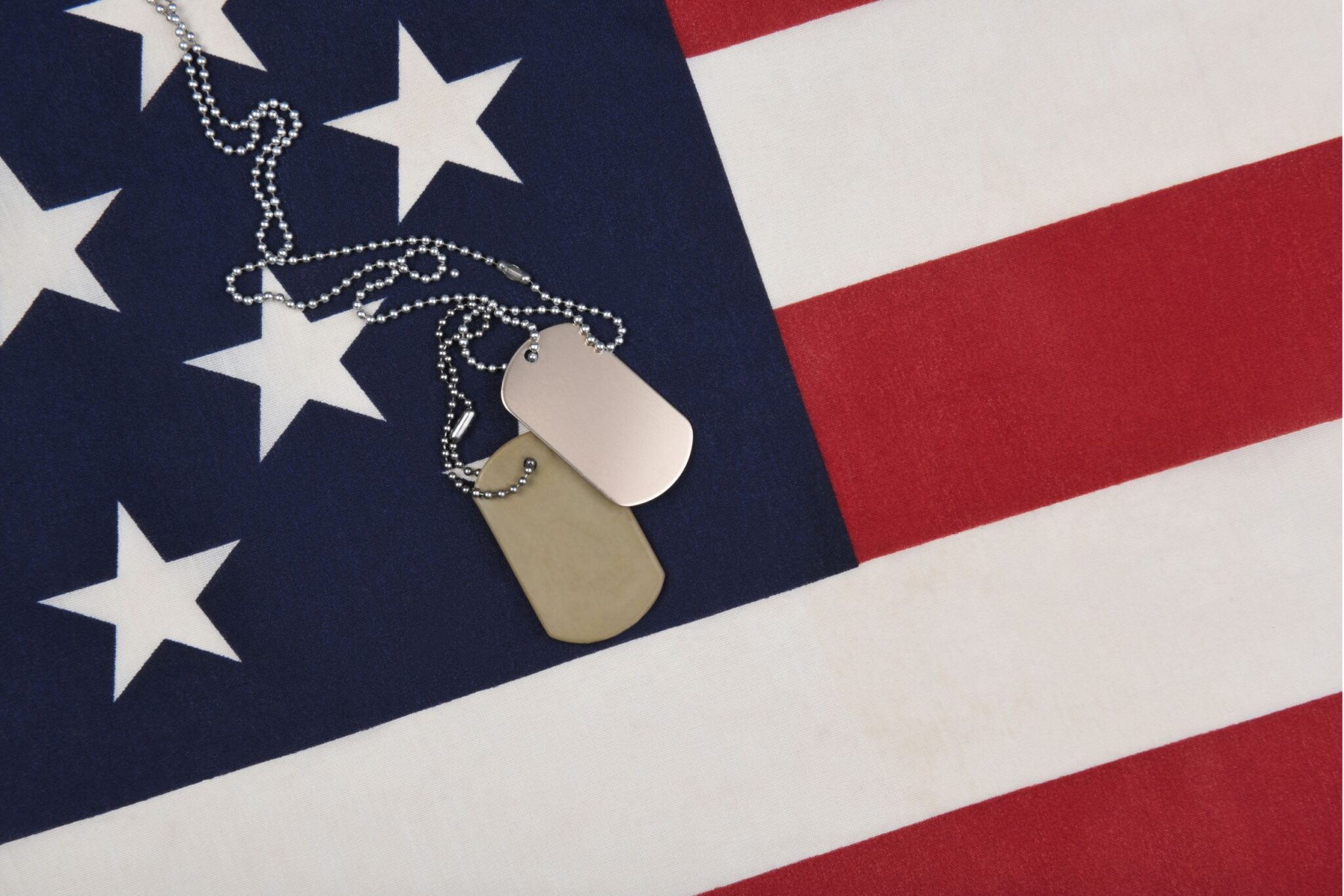 Military dog tags on an American flag