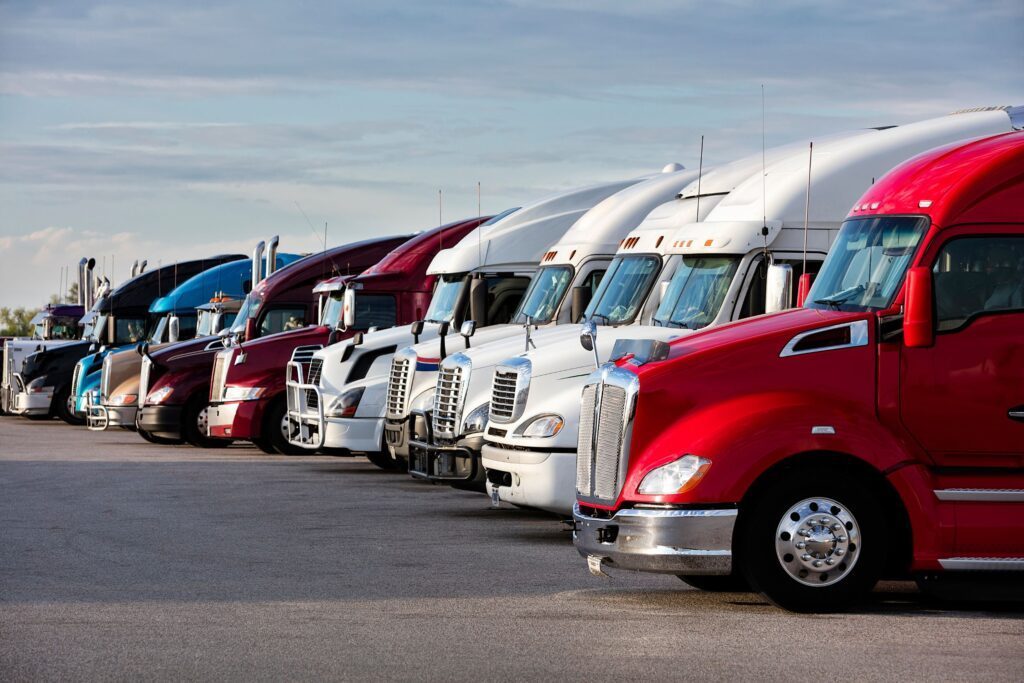 A row of parked trucks