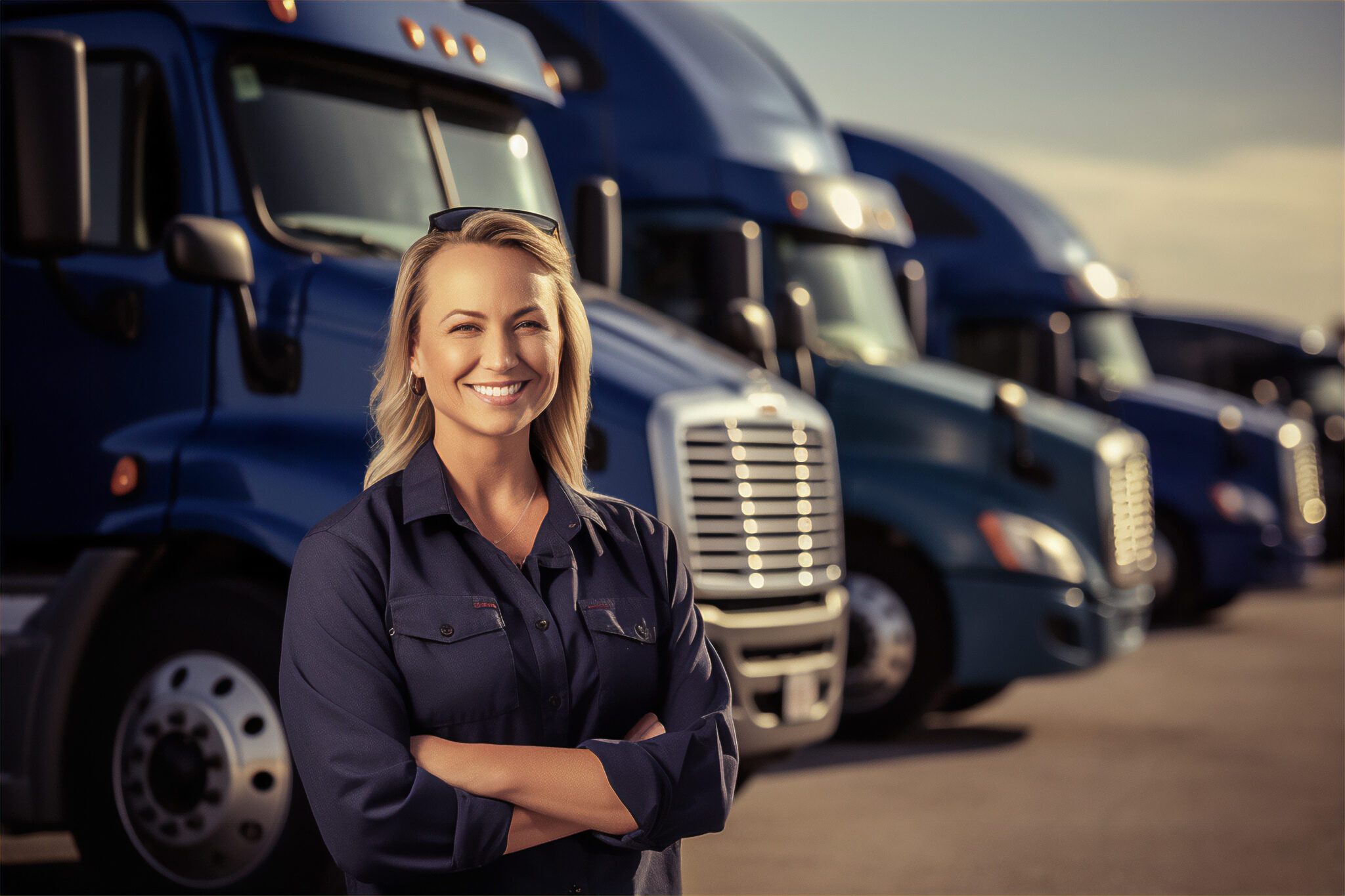 young female truck driver standing in front of a row of parked rigs