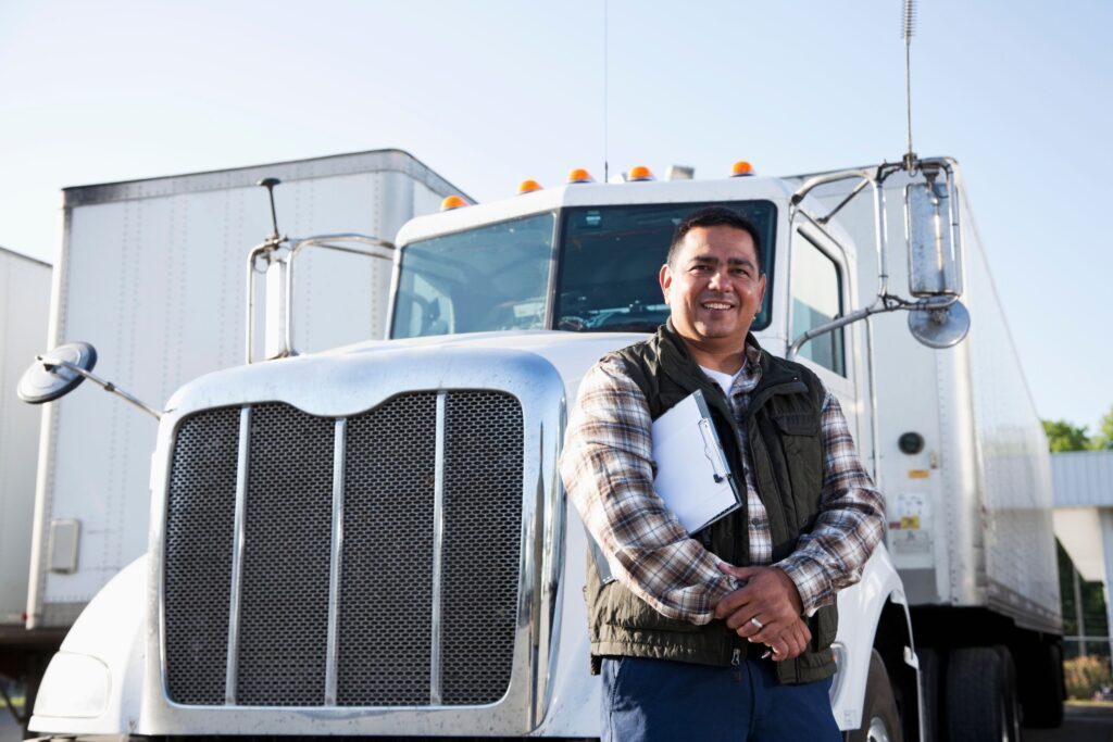 A truck driver standing in front of his truck and smiling at the camera